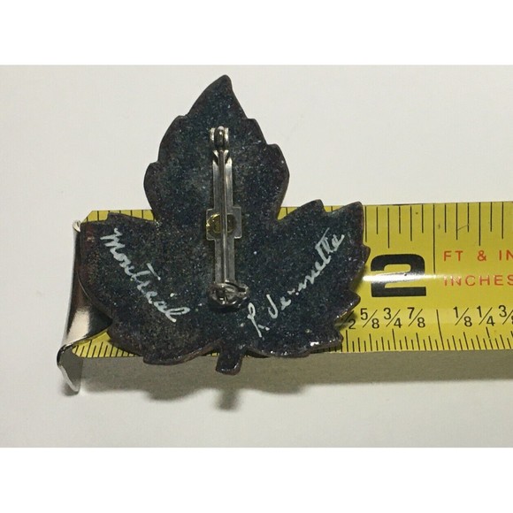 Handmade Glass Enamel On Copper Maple Leaf Pin Brooch Montreal Signed Vermette - Picture 8 of 9